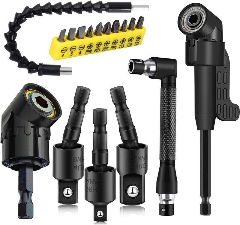 CIGOTU 17Pcs Flexible Drill Bit Extension, Include 3Pcs Rotatable Socket Adapter 2Pcs Hex Shank 105° Right Angle Drill Attachment 10 Short Screwdriver Bits 90° Angled Bits and Bendable Extension - Image 1